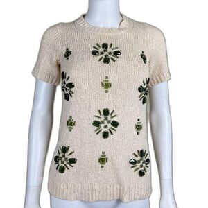 J. Crew Womens Jeweled Medallion Short Sleeve Sweater Linen Cotton Size XS